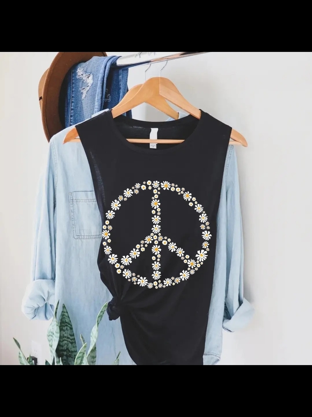 Floral Daisy Peace Sign Black Muscle Tank Top Relaxed Fit S M L
